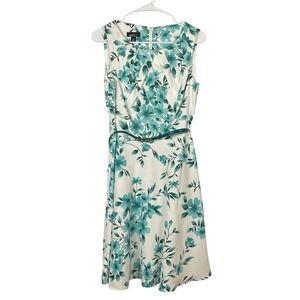 ALYX Dress Womens 10 Teal White Floral Pleated Belted Fit & Flare A-Line